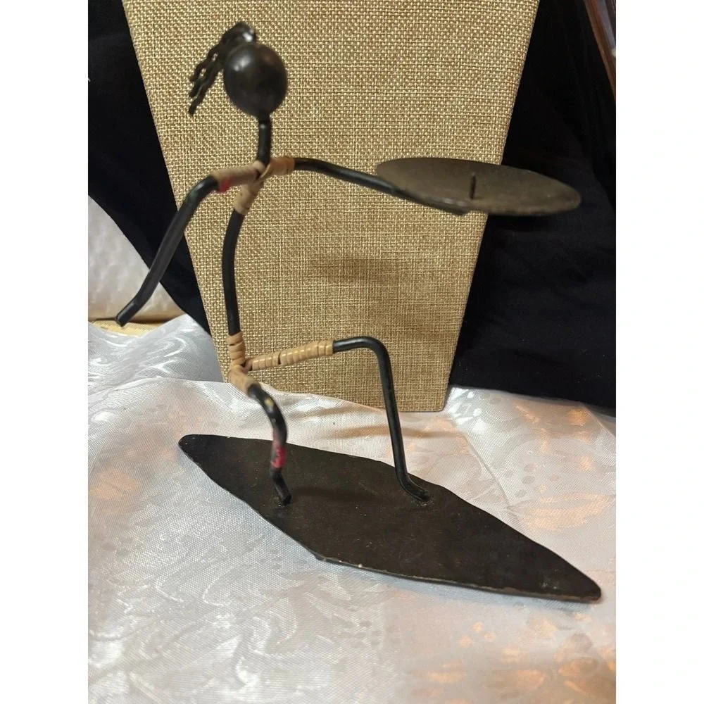 Vintage Brutalist Metal Surfer Candle Holder Stick Figure Figurine Coastal Decor